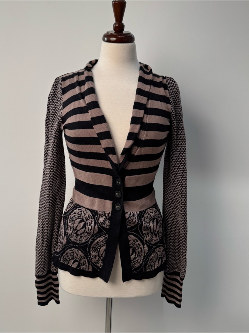 Anthropologie Lia Molly New Orleans Striped Patterned Knit Cardigan Taupe Black